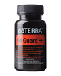 A black plastic bottle of doTERRA On Guard+ dietary supplement with a black ribbed cap and a red and black label, shown on a plain white background.