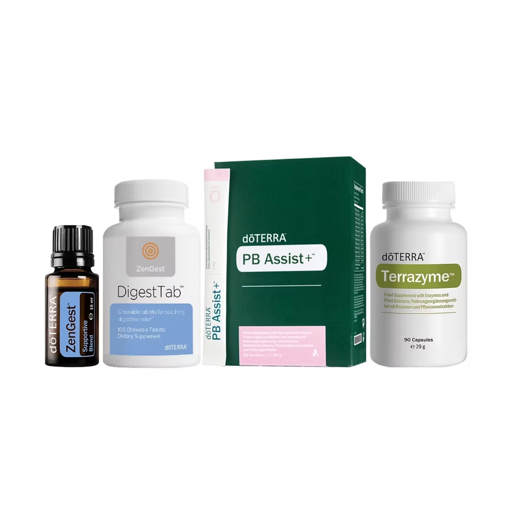 A product bundle containing a döTERRA ZenGest essential oil bottle, a white DigestTab bottle, a green and pink döTERRA PB Assist+ box, and a white döTERRA Terrazyme supplement bottle, arranged on a plain white background.