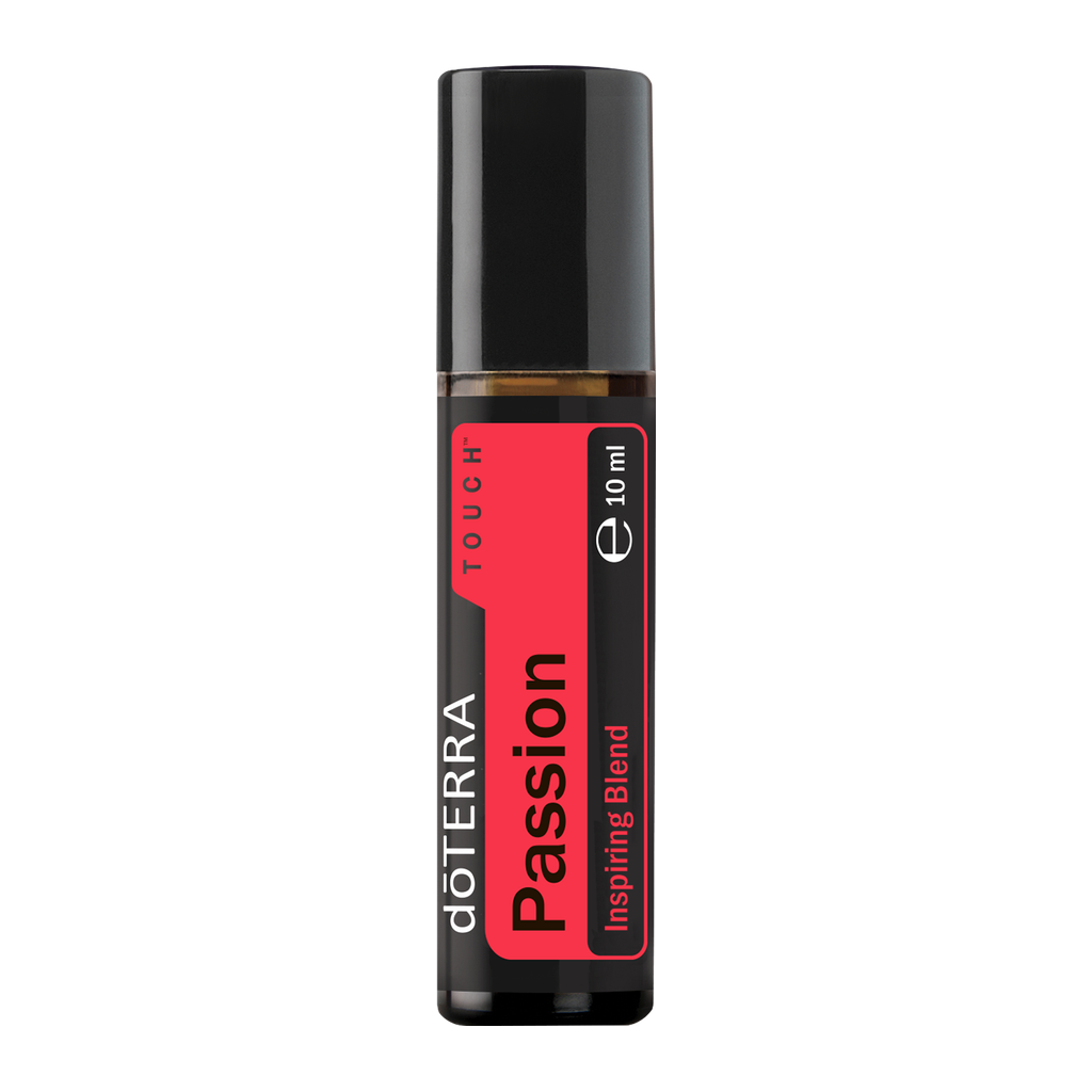 A 10 ml roll-on bottle of doTERRA Touch Passion Inspiring Blend essential oil, featuring a black cap and a black and red label, on a solid white background.