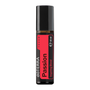 A 10 ml roll-on bottle of doTERRA Touch Passion Inspiring Blend essential oil, featuring a black cap and a black and red label, on a solid white background.