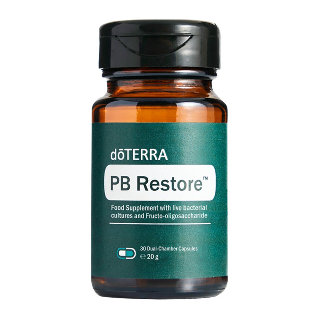A bottle of doTERRA PB Restore food supplement with a dark green label and black cap, shown on a plain white background.