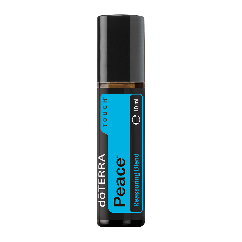 A 10 ml roll-on bottle of doTERRA Peace Reassuring Blend essential oil on a solid white background.