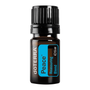 A 5ml amber glass bottle of doTERRA Peace Reassuring Blend essential oil with a black ribbed cap and a blue and white label, shown on a plain white background.