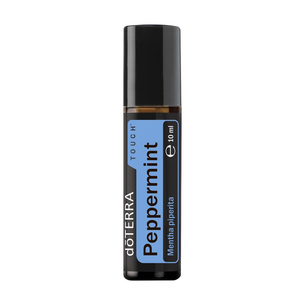 A 10 ml roll-on bottle of döTERRA Peppermint essential oil on a solid white background.