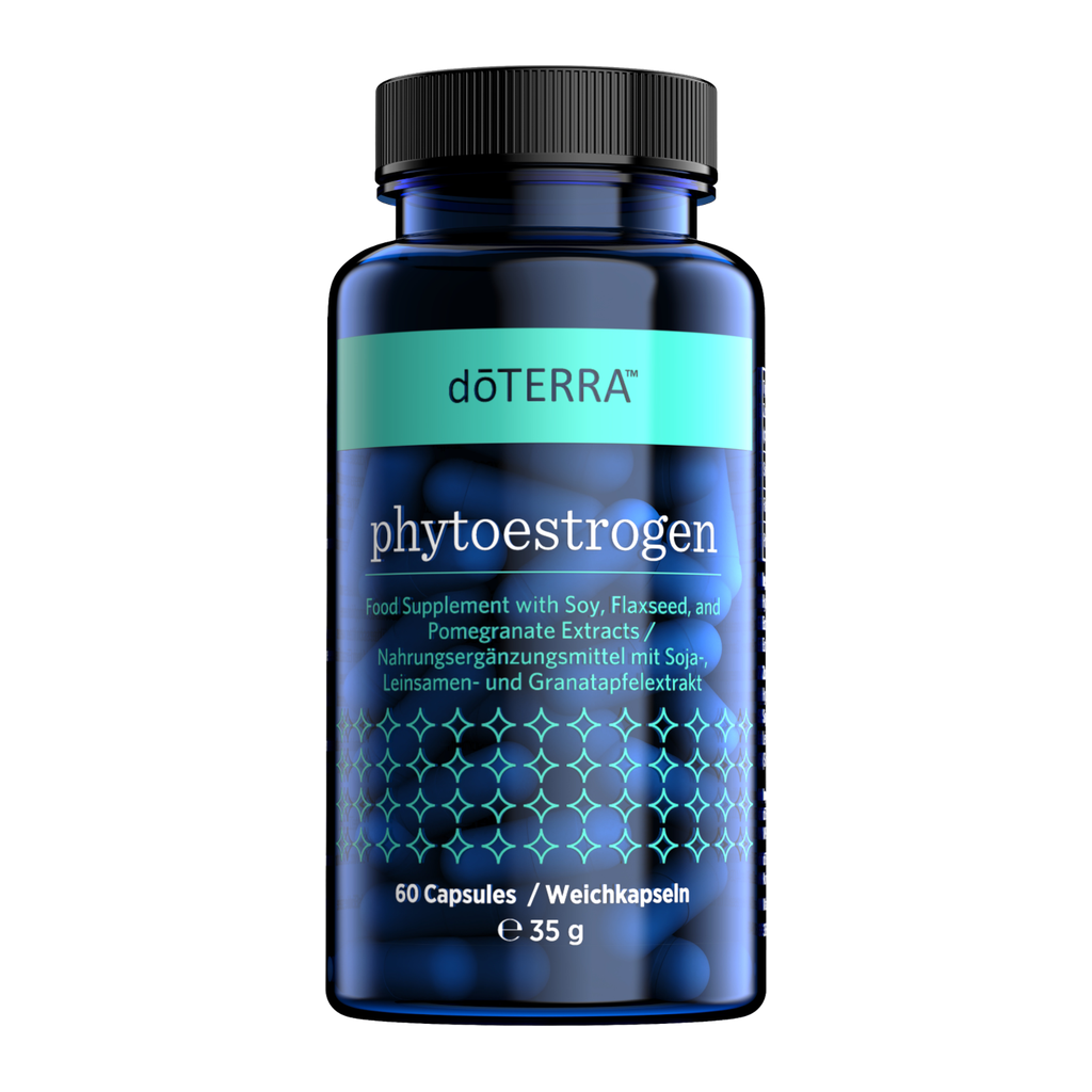 A bottle of doTERRA Phytoestrogen food supplement, featuring a dark blue translucent bottle, a black ribbed cap, and a label with a teal band and blue geometric pattern, set against a plain white background.