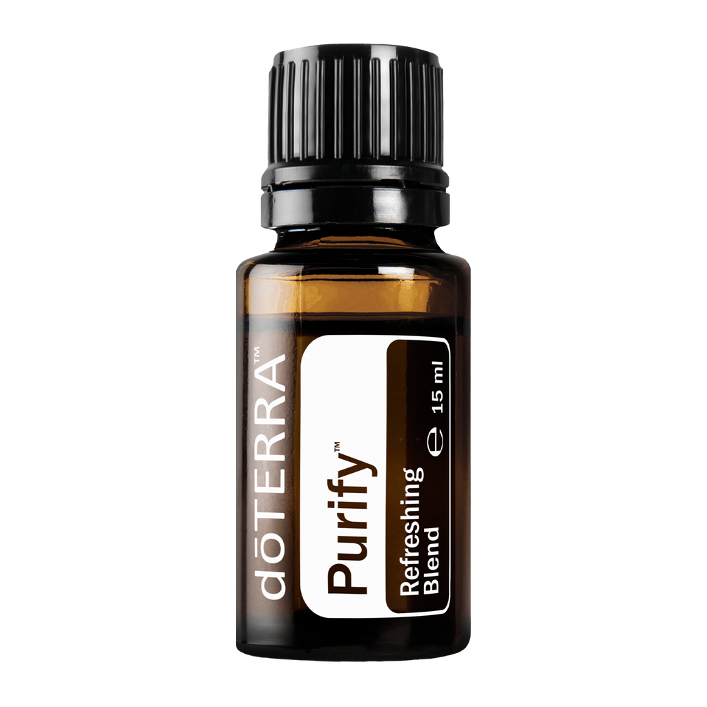A 15 ml bottle of doTERRA Purify Refreshing Blend essential oil on a solid white background.