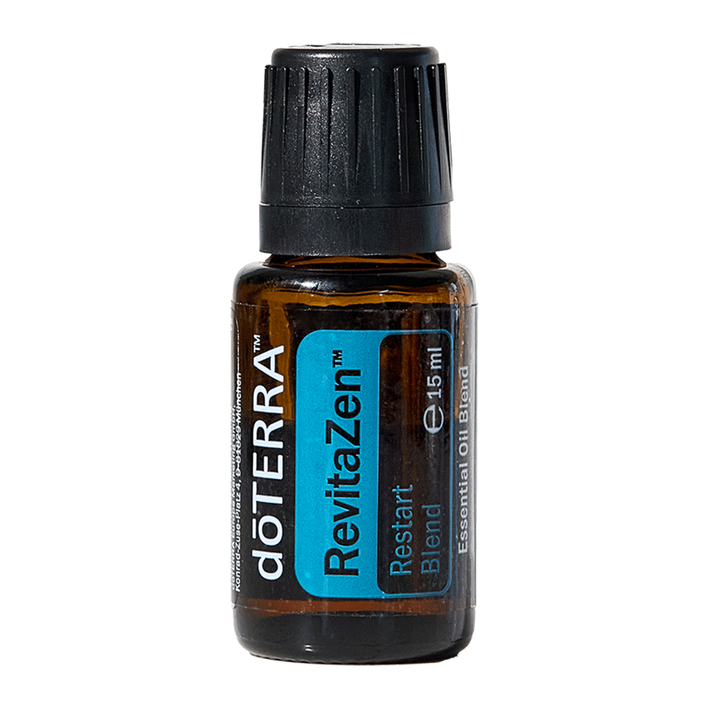 A 15ml amber glass bottle of doTERRA RevitaZen Restart Blend essential oil with a black ribbed cap and a blue and black label, shown on a plain white background.