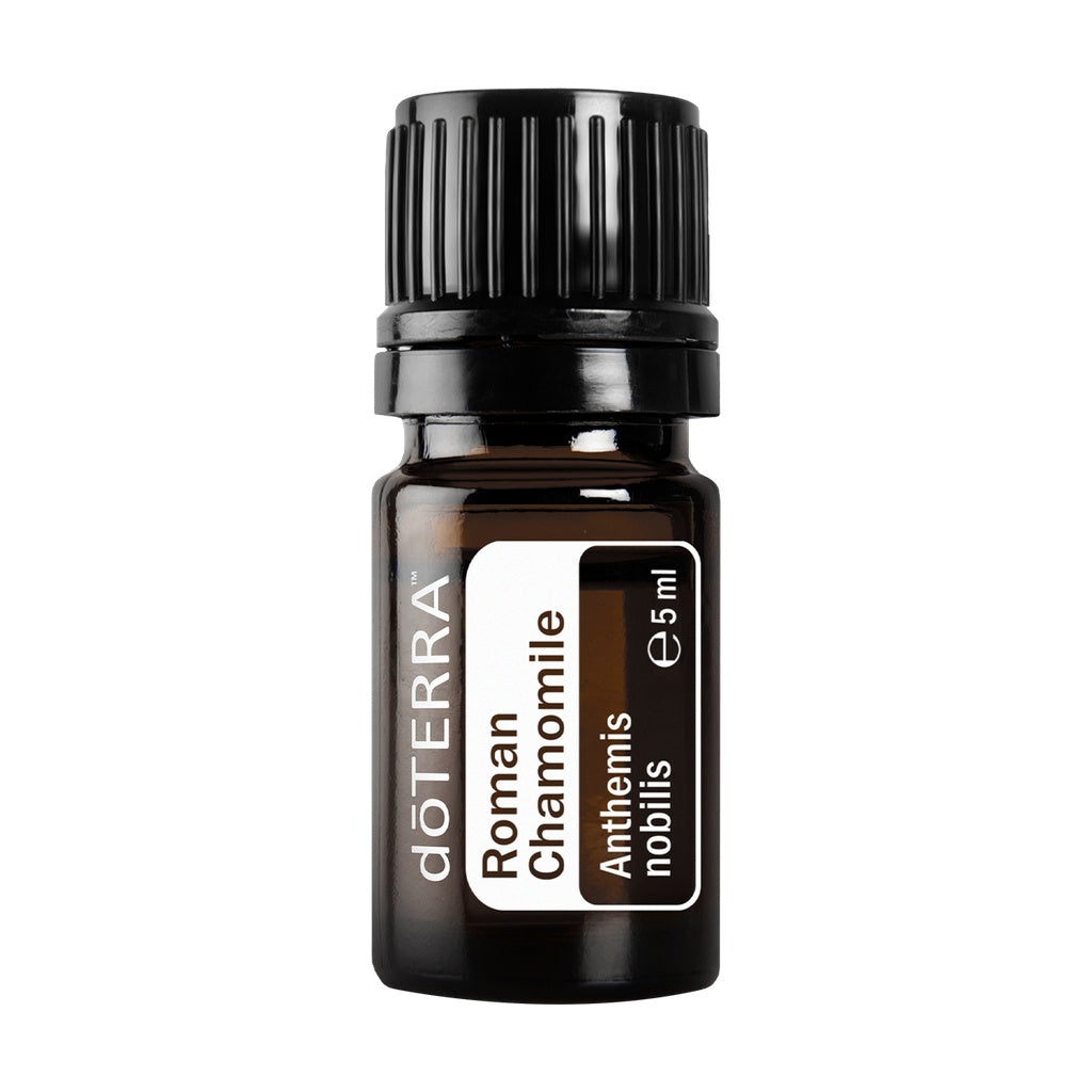 A 5ml bottle of doTERRA Roman Chamomile essential oil on a solid white background.