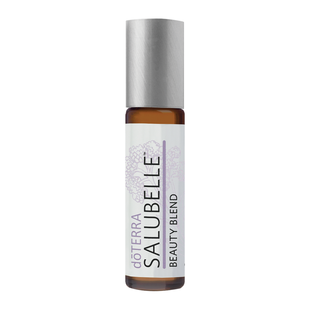 A bottle of doTERRA Salubelle Beauty Blend rollerball oil on a solid white background.