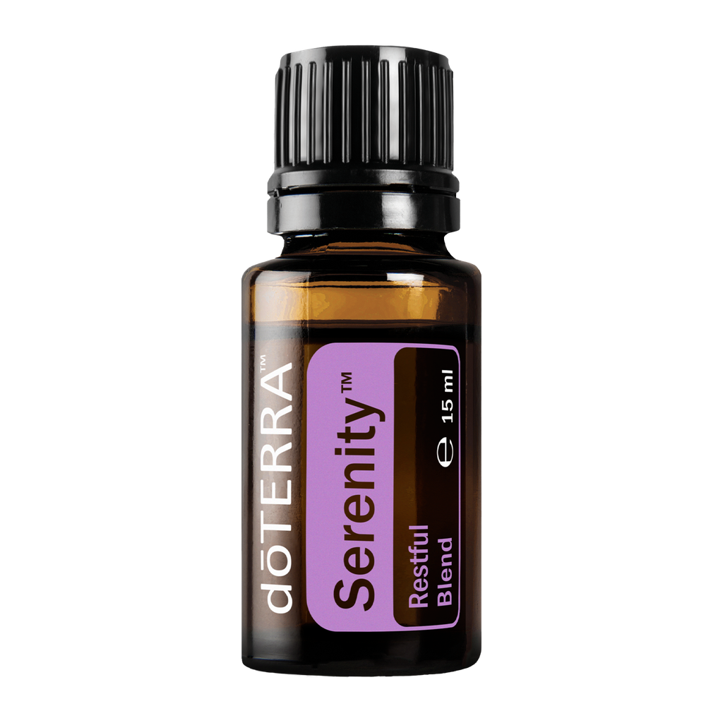 A 15 ml bottle of doTERRA Serenity Restful Blend essential oil on a solid white background.