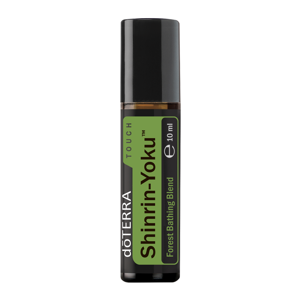 A 10 ml roll-on bottle of doTERRA Shinrin-Yoku Forest Bathing Blend on a solid white background.