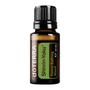 A 15 ml amber glass bottle of doTERRA Shinrin-Yoku Forest Bathing Blend with a black ribbed cap and a green and brown label, isolated on a white background.