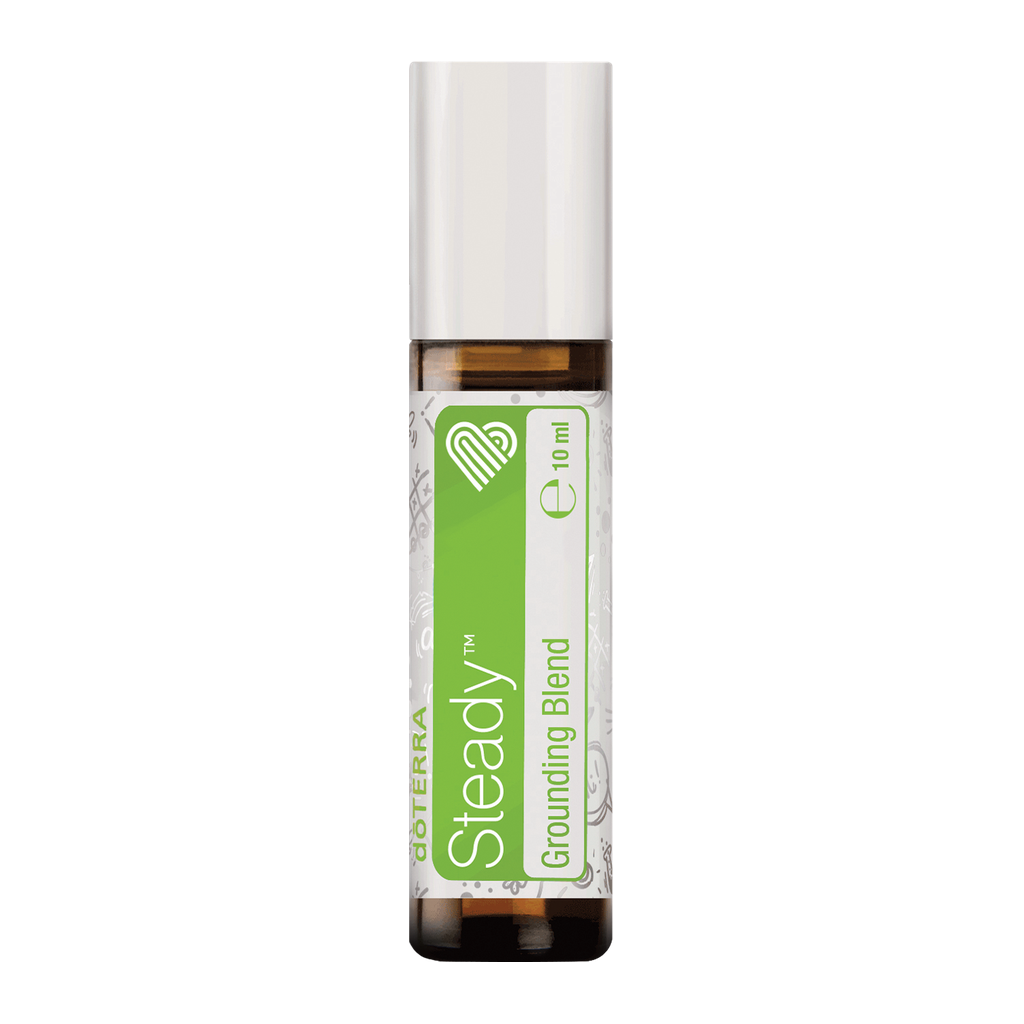 A 10 ml bottle of DoTerra Steady Grounding Blend essential oil roller on a solid white background.