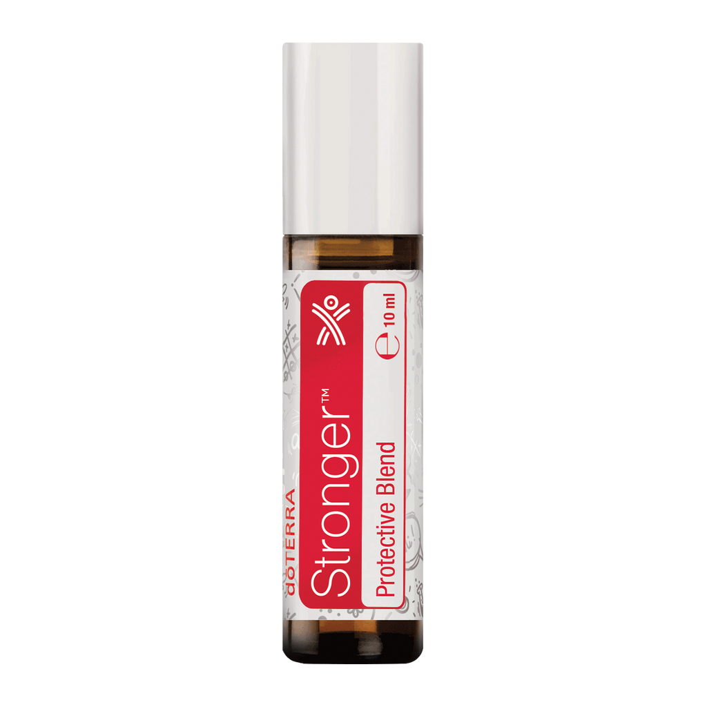 A 10 ml glass roller bottle of Goterra Stronger Protective Blend essential oil with a white cap and a red and white label, shown on a plain white background.