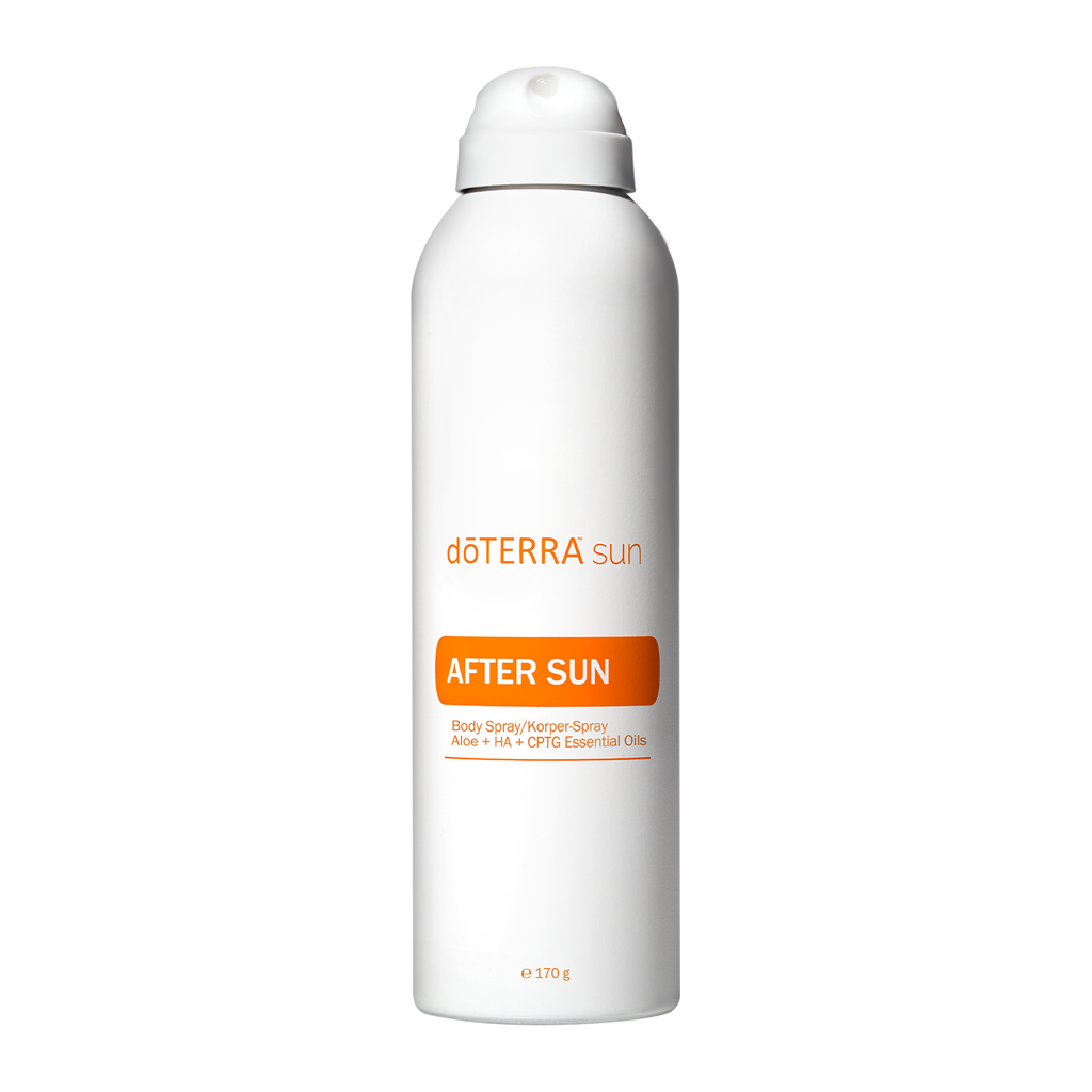 A white cylindrical spray bottle of döTERRA sun After Sun body spray with an orange label, shown on a plain white background.