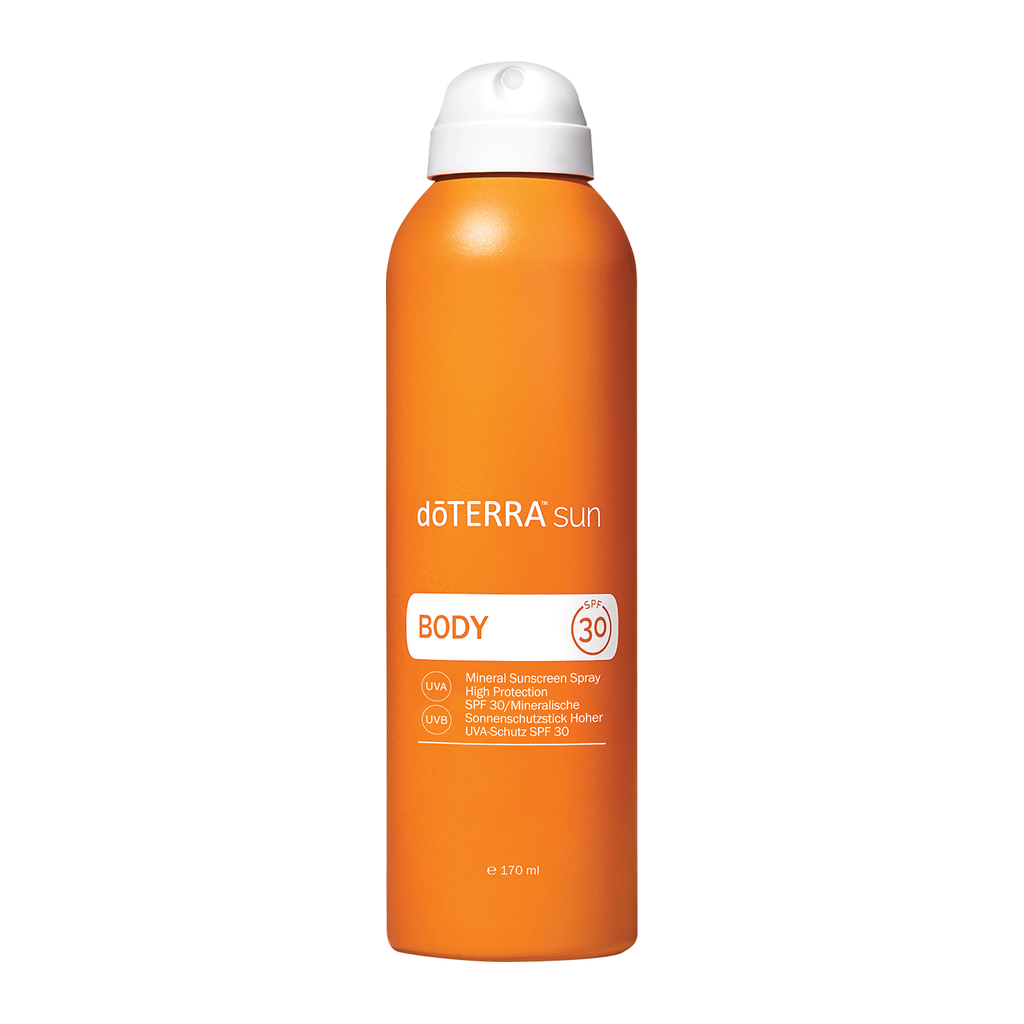 An orange aerosol can of doTERRA sun BODY mineral sunscreen spray with a white cap, shown on a plain white background.