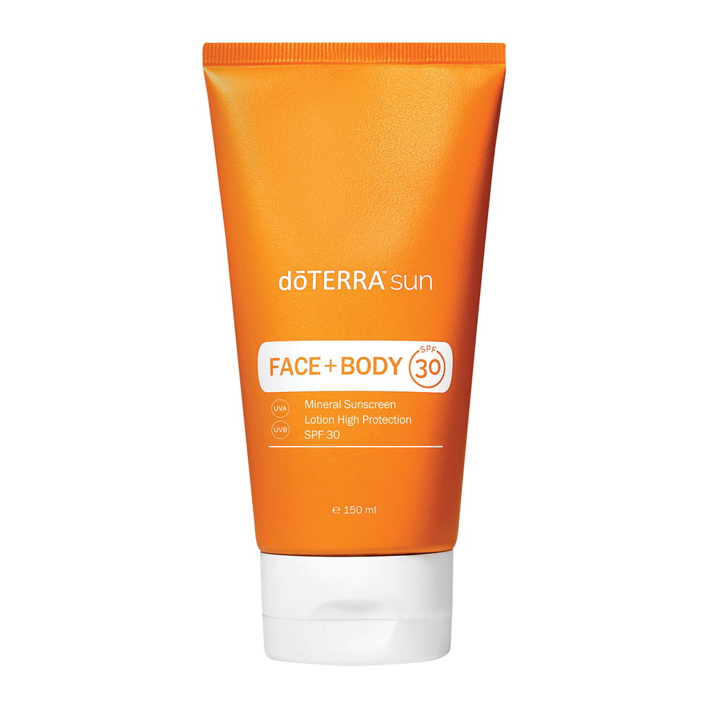 A 150 ml squeeze tube of doTERRA sun Face + Body Lotion SPF 30, featuring a vibrant orange body and a white flip-top cap, set against a plain white background.