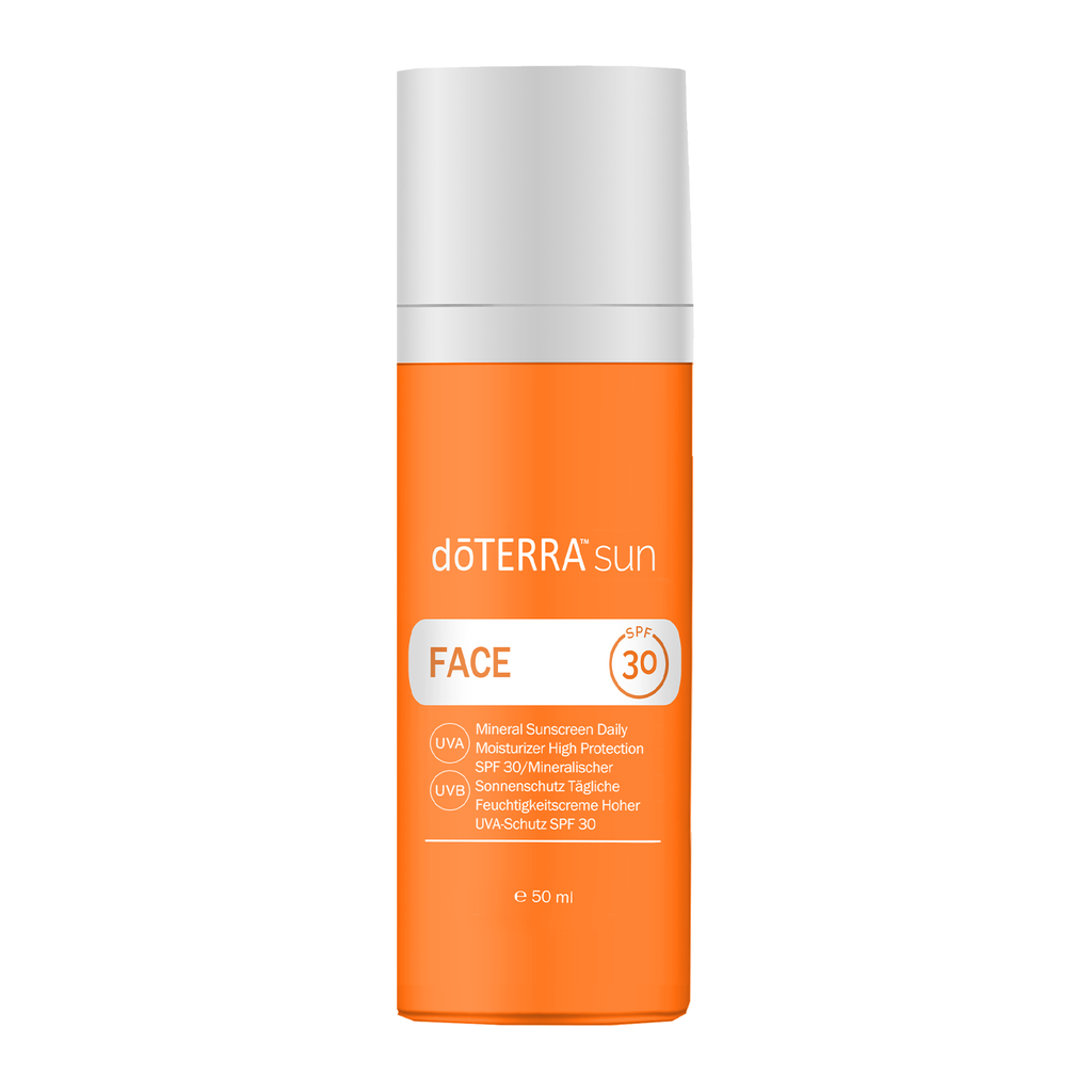A 50 ml bottle of doTERRA sun Face Mineral Sunscreen Daily with high protection SPF 30, featuring a bright orange body and a white cap on a plain white background.