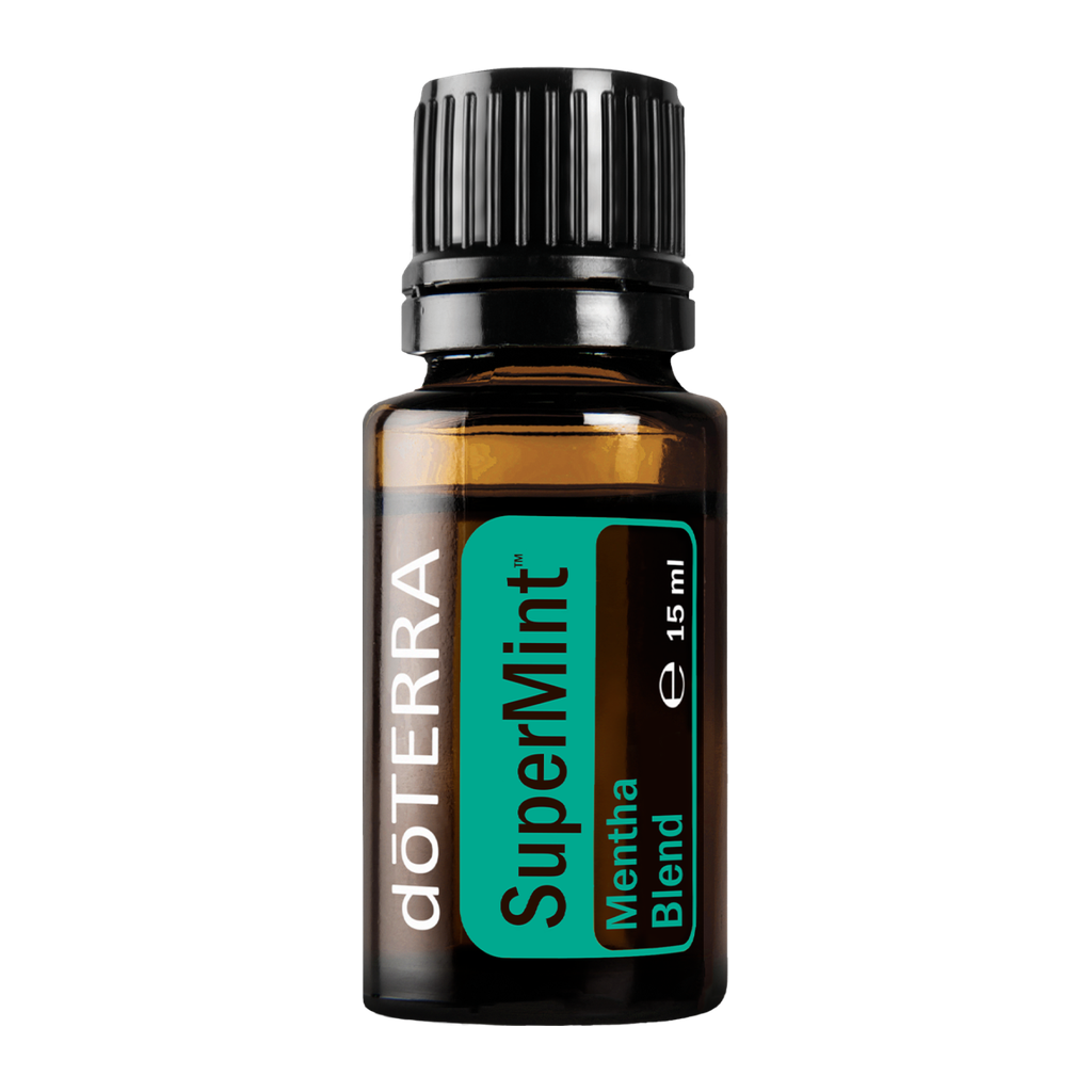 A 15 ml bottle of doTERRA SuperMint Mentha Blend essential oil on a solid white background.