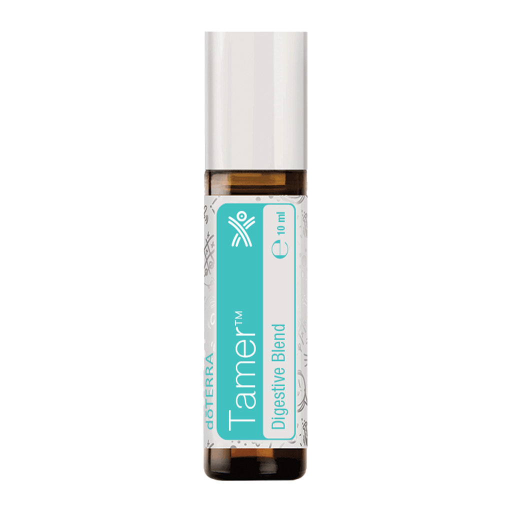 A 10 ml roll-on bottle of doTERRA Tamer Digestive Blend essential oil, featuring a white cap, amber glass bottle, and a white label with a prominent turquoise blue panel.