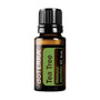A 15 ml bottle of doTERRA Tea Tree essential oil on a solid white background. The bottle is made of amber glass, featuring a black ribbed cap and a label with a green and dark brown design.