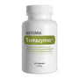 A white plastic bottle of döTERRA Terrazyme food supplement with a white ribbed cap, featuring a green label with white text, on a solid white background.