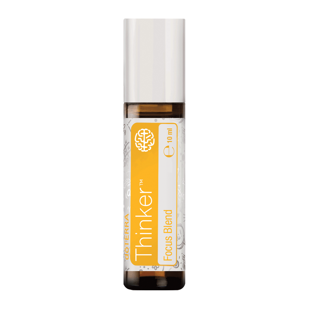 A 10 ml roll-on bottle of doTERRA Thinker Focus Blend essential oil, featuring a white cap and a white label with a prominent orange-yellow vertical band.