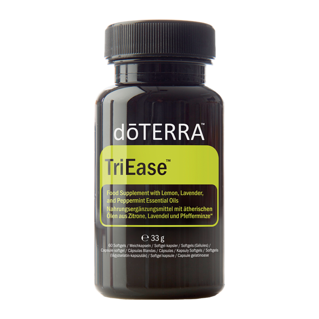 A bottle of doTERRA TriEase food supplement with lemon, lavender, and peppermint essential oils, shown on a plain white background.