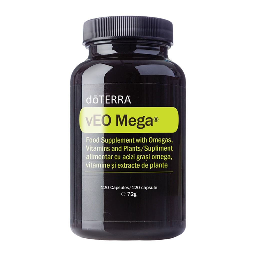 A black plastic bottle of dóTERRA vEO Mega food supplement with a ribbed black cap, featuring a black label with a bright yellow-green banner and white text, on a plain white background.