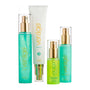 A four-piece Verâge skincare set on a white background, including a teal toner, a white cleanser tube, a bright green hydrating serum, and a teal moisturizer, each with gold pump or spray details.