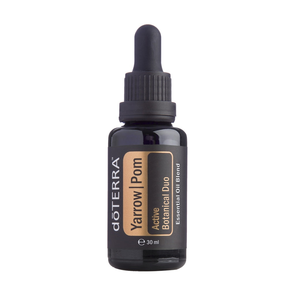 A 30 ml bottle of doTERRA Yarrow | Pom Active Botanical Duo essential oil blend, featuring a black glass bottle and dropper cap with a black and gold label, on a solid white background.