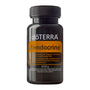 A bottle of doTERRA Zendocrine food supplement, featuring a dark amber-brown bottle and a black ribbed cap, with a label that has a prominent orange block and white text, set against a plain white background.
