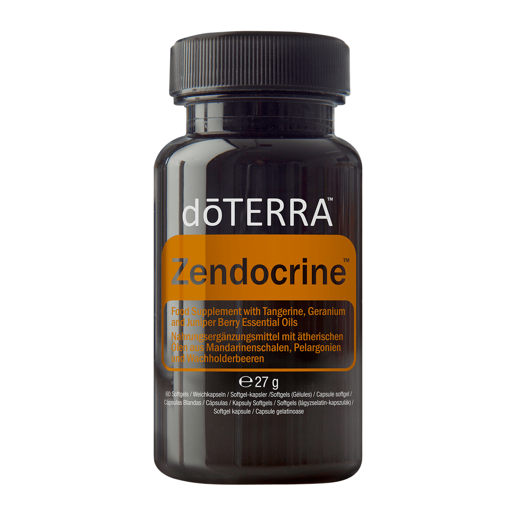 A bottle of doTERRA Zendocrine food supplement, featuring a dark amber-brown bottle and a black ribbed cap, with a label that has a prominent orange block and white text, set against a plain white background.