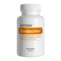 A white plastic bottle of döTERRA Zendocrine food supplement with a ribbed white cap, featuring an orange label with white text, on a solid white background.