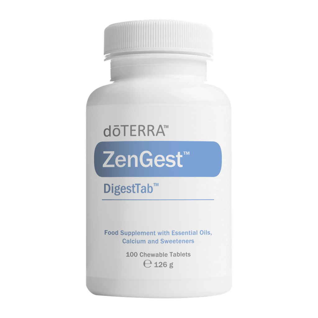 A white plastic bottle of doTERRA ZenGest DigestTab food supplement with a white cap, featuring a blue and gray label, on a solid white background.