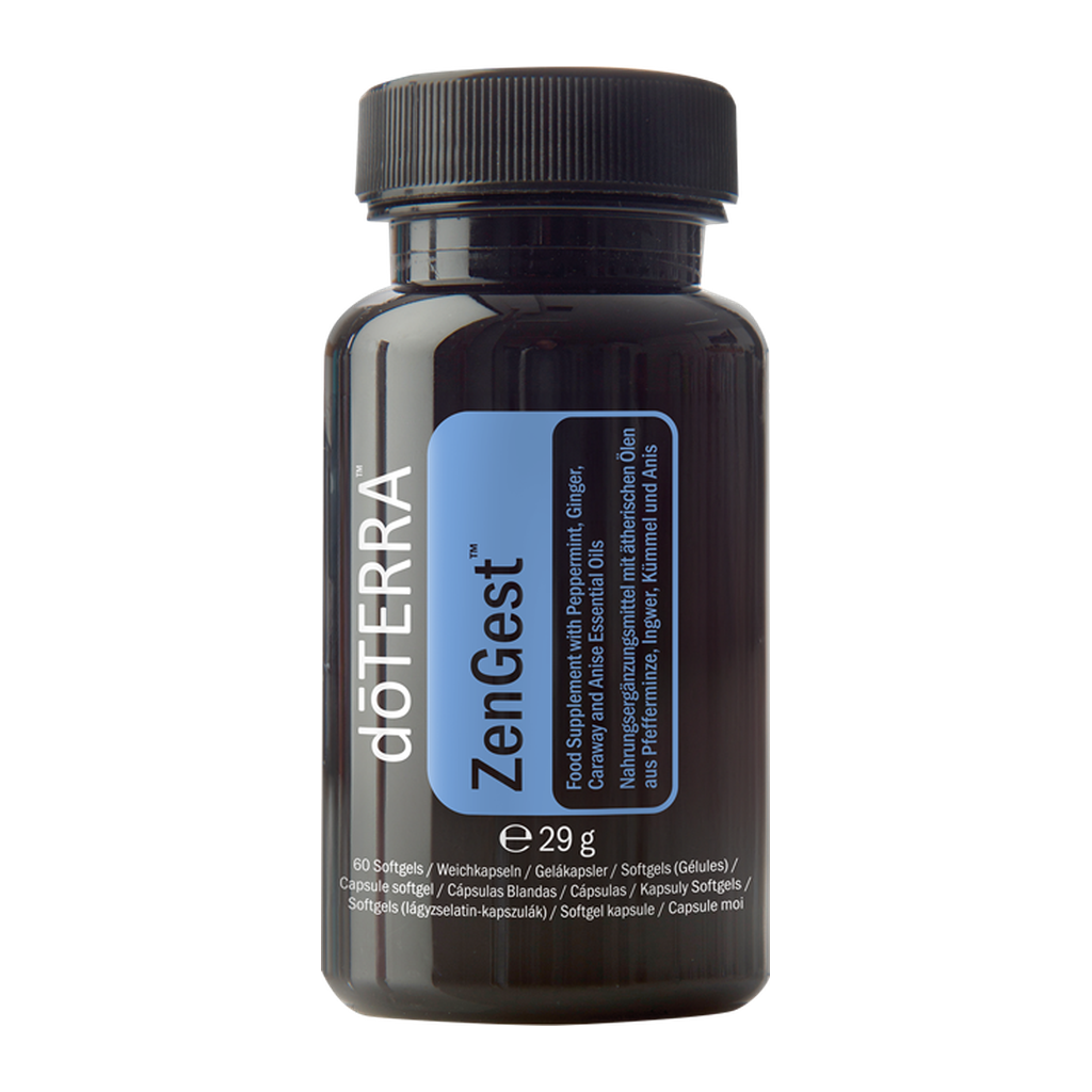 A bottle of döTERRA ZenGest food supplement capsules, featuring a dark amber-brown bottle, a black ribbed cap, and a blue and white label.
