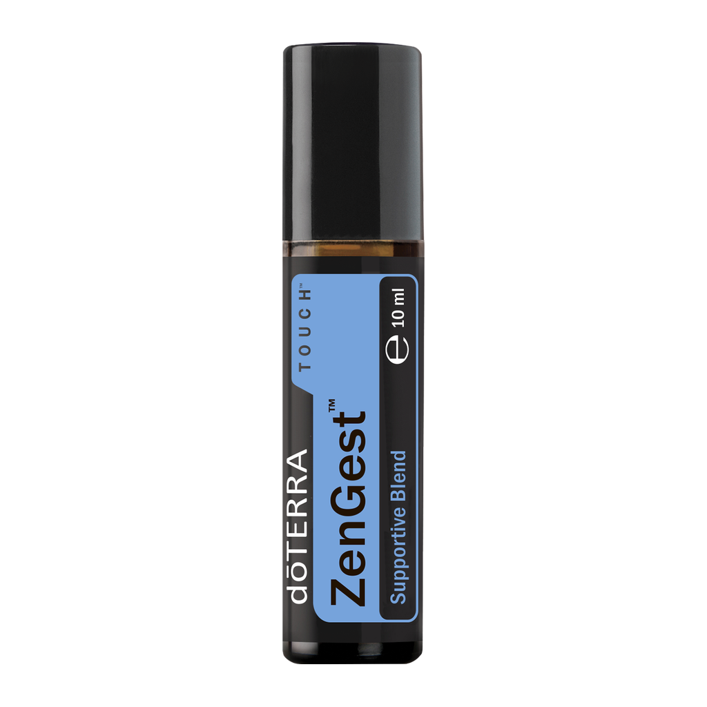 A 10 ml roll-on bottle of doTERRA ZenGest Supportive Blend essential oil on a solid white background.